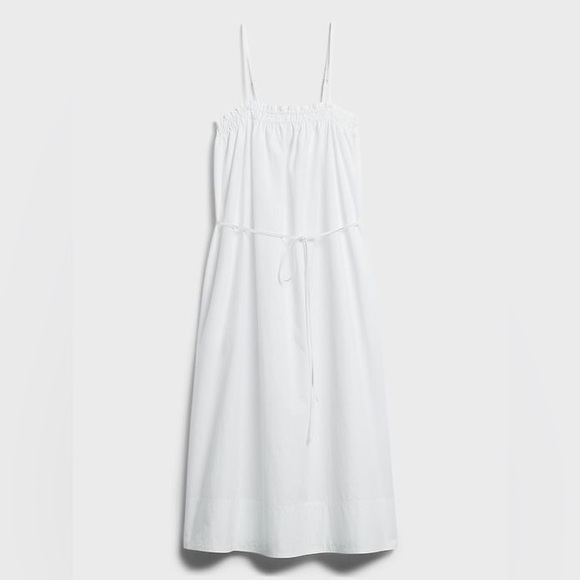 Banana Republic Organic Cotton Poplin Smocked Dress White Midi Waist Tie M TALL